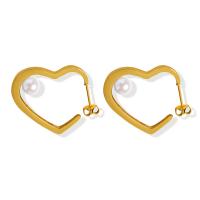 Titanium Steel Stud Earring, with Plastic Pearl, plated, for woman, golden, 25x30mm, Sold By Pair