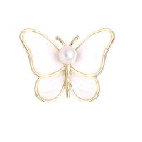 Shell Brooch Zinc Alloy with White Shell & Plastic Pearl Butterfly gold color plated & for woman & with rhinestone nickel lead & cadmium free Sold By Lot
