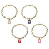 Mosiądz bransoletki, ze Perła plastikowa, Platerowane w kolorze złota, z krzyża wzór & dla kobiety & emalia, dostępnych więcej kolorów, długość około 6.6 cal, sprzedane przez PC