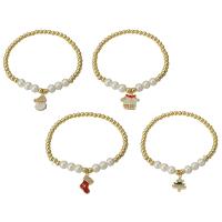 Christmas Holiday Bracelet Brass with Plastic Pearl gold color plated & micro pave cubic zirconia & for woman & enamel Length Approx 6.6 Inch Sold By PC