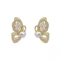 Brass Stud Earring, with Plastic Pearl, Butterfly, fashion jewelry & micro pave cubic zirconia & for woman, golden, nickel, lead & cadmium free, 19x12mm, Sold By Pair