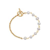Titanium Steel Bracelet, with Freshwater Pearl, Vacuum Ion Plating, fashion jewelry & different styles for choice & for woman, golden, 3mm,6mm, Length:Approx 15.75 Inch, Approx 7.09 Inch, Sold By PC