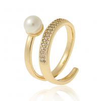 Cubic Zirconia Micro Pave Brass Ring with Plastic Pearl gold color plated Adjustable & micro pave cubic zirconia & for woman 21mm Sold By PC