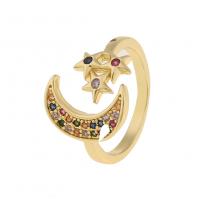 Cubic Zirconia Micro Pave Brass Ring Moon and Star 18K gold plated Adjustable & micro pave cubic zirconia & for woman Sold By PC