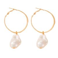 Huggie Hoop Drop Earring, Tibetan Style, with ABS Plastic Pearl, gold color plated, fashion jewelry & for woman, golden, 65x34mm, Sold By Pair