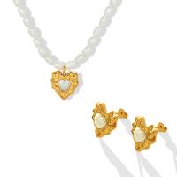 Plastic Pearl Jewelry Set Stud Earring & necklace with Titanium Steel with 5cm extender chain Heart Vacuum Ion Plating & for woman Length Approx 40 cm Sold By PC
