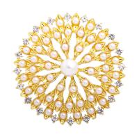 Tibetan Style Brooch, with Plastic Pearl, Flower, gold color plated, for woman & with rhinestone & hollow, nickel, lead & cadmium free, 62x62mm, 10PCs/Lot, Sold By Lot