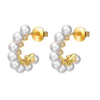 925 Sterling Silver Stud Earrings with Plastic Pearl plated micro pave cubic zirconia & for woman 20.65mm Sold By Pair