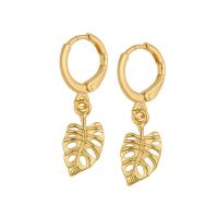 Huggie Hoop Drop Earring Brass Leaf gold color plated & micro pave cubic zirconia & for woman Sold By Pair