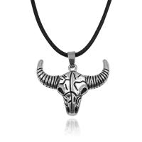 Tibetan Style Jewelry Necklace, with Wax Cord, Bull, silver color plated, fashion jewelry & for man, black, nickel, lead & cadmium free, 36x28mm, Sold Per 50 cm Strand