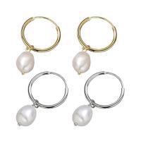 Huggie Hoop Drop Earring, 925 Sterling Silver, with Freshwater Pearl, plated, for woman, more colors for choice, 5x33mm, Sold By Pair