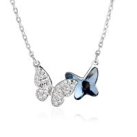 Cubic Zircon Micro Pave 925 Sterling Silver Necklace, with Crystal, with 1.96 inch extender chain, Butterfly, platinum color plated, micro pave cubic zirconia & for woman, blue, 16.50x10mm, Length:Approx 15.74 Inch, Sold By PC