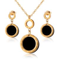 Fashion Stainless Steel Jewelry Sets Stud Earring & necklace 304 Stainless Steel with Black Shell with 5cm extender chain Round plated fashion jewelry & for woman 17mm 13mm Length 45 cm Sold By Set