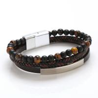Cowhide Bracelet with Natural Stone Round silver color plated fashion jewelry & for man Length 21 cm Sold By PC