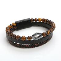 Cowhide Bracelet with Natural Stone Round plumbum black color plated fashion jewelry & for man Length 21 cm Sold By PC