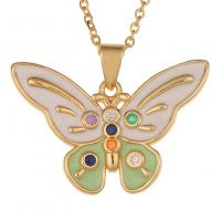 Cubic Zircon Micro Pave Brass Necklace Butterfly gold color plated & micro pave cubic zirconia & for woman & enamel multi-colored Length Approx 17.7 Inch Sold By PC