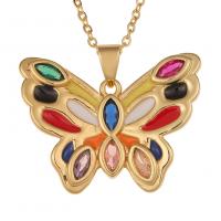Cubic Zircon Micro Pave Brass Necklace, Butterfly, gold color plated, micro pave cubic zirconia & for woman & enamel, multi-colored, 31x26mm, Length:Approx 17.7 Inch, Sold By PC