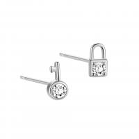 925 Sterling Silver Asymmetric Stud Earrings, Lock and Key, plated, for woman & with rhinestone, more colors for choice, 4*7.5mm,3.5*6.5mm, Sold By Pair