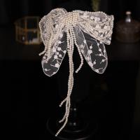 Plastic Pearl Bowkont Haarclip, met Gaas, handgemaakt, voor bruids, wit, 120x420mm, 3pC's/Lot, Verkocht door Lot