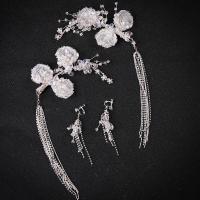 cuarzo claro Conjunto de joya, pinza de pelo & pendiente, con Perlas plásticas, hecho a mano, 2 piezas & para novia & con diamantes de imitación, Blanco, 7*14cm(17cm), 3Setsset/Grupo, Vendido por Grupo