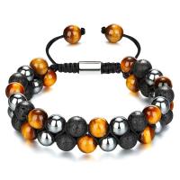 Gemstone Bracelets Tiger Eye with Knot Cord & Black Magnetic Stone & Lava handmade Double Layer & Unisex 16mm Length Approx 7.5-11.8 Inch Sold By PC