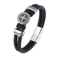 Split Layer Cowhide Leather Bracelet with 316L Stainless Steel Round silver color plated fashion jewelry & for man 12mm Sold By PC
