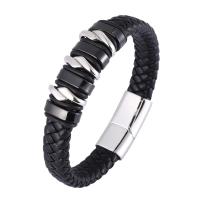 Split Layer Cowhide Leather Bracelet, with 316L Stainless Steel, Round, plated, fashion jewelry & different length for choice & for man, more colors for choice, 12mm, Sold By PC