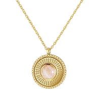 Stainless Steel Jewelry Necklace, 304 Stainless Steel, with Rose Quartz, with 2.36inch extender chain, Round, Vacuum Ion Plating, fashion jewelry & oval chain & for woman, 14mm, Length:Approx 15.7 Inch, Sold By PC
