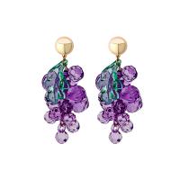 Boucle d'oreille bijoux acrylique, avec alliage de zinc, raisin, Placage de couleur d'or, pour femme, violet, 28x63mm, Vendu par paire