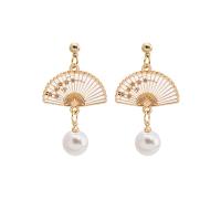 Zinc Alloy Drop Earrings with Plastic Pearl Fan gold color plated & for woman & enamel Sold By Pair
