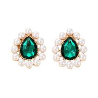 Boucle d'oreille strass, alliage de zinc, avec Plastique ABS perle, bijoux de mode & pour femme & avec strass, vert, 32x25mm, Vendu par paire