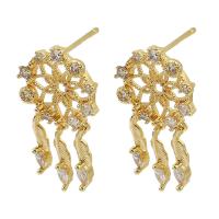 Brass Drop Earring, gold color plated, for woman & with rhinestone & hollow, golden, nickel, lead & cadmium free, 14x24mm,1mm, Sold By PC