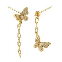 asymmetrische Ohrringe, Messing, Schmetterling, goldfarben plattiert, für Frau & mit Strass, goldfarben, frei von Nickel, Blei & Kadmium, 12x35mm,9x28mm,1mm, verkauft von Paar