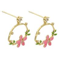 Brass Drop Earring, Flower, gold color plated, for woman & enamel & with rhinestone & hollow, pink, nickel, lead & cadmium free, 18x24mm,1mm, Sold By PC