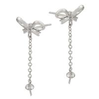 Brass Earring Drop Component, Bowknot, silver color plated, for woman & with rhinestone, silver color, nickel, lead & cadmium free, 12x34mm,1mm, Sold By PC