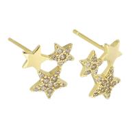 Brass Stud Earring, Star, gold color plated, for woman & with rhinestone, golden, nickel, lead & cadmium free, 12x12x14mm,1mm, Sold By PC