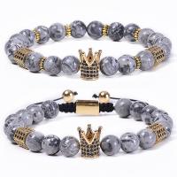 Gemstone Bracelets, Map Stone, with Knot Cord & Brass, Crown, Unisex & different styles for choice & micro pave cubic zirconia, 8mm, Length:Approx 6.6-11.8 Inch, Sold By PC