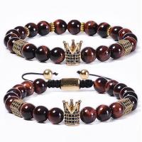 Natural Tiger Eye Bracelets Red Tiger Eye Stone with Knot Cord & Brass Crown Unisex & micro pave cubic zirconia 8mm Length Approx 6.6-11.5 Inch Sold By PC