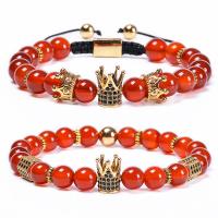 Bracelets en Agate rouge, avec Cordon de noeud & laiton, couronne, unisexe & styles différents pour le choix & pavé de micro zircon, 8mm, Longueur:Environ 6.6-11.8 pouce, Vendu par PC