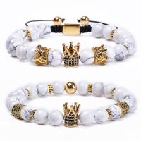 Gemstone Bracelets, Howlite, with Knot Cord & Brass, Crown, Unisex & different styles for choice & micro pave cubic zirconia, 8mm, Length:Approx 6.6-11.8 Inch, Sold By PC