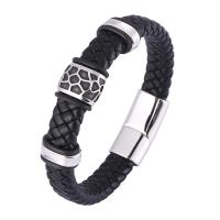Split Layer Cowhide Leather Bracelet with 316L Stainless Steel Round silver color plated fashion jewelry & for man 12mm Sold By PC