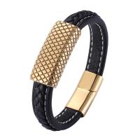 Microfiber PU Bracelet, with 316L Stainless Steel, Round, gold color plated, fashion jewelry & different length for choice & for man, more colors for choice, 12mm, Sold By PC