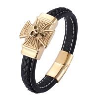 Microfiber PU Bracelet with 316L Stainless Steel Skull gold color plated fashion jewelry & for man 12mm Sold By PC
