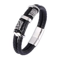 Leather Bracelet, with 316L Stainless Steel, Round, silver color plated, fashion jewelry & different length for choice & for man, more colors for choice, 12mm, Sold By PC