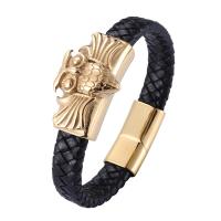Cuir bracelet, avec acier inoxydable 316L, hibou, Placage de couleur d'or, bijoux de mode & longueur différente pour le choix & pour homme, plus de couleurs à choisir, 12mm, Vendu par PC