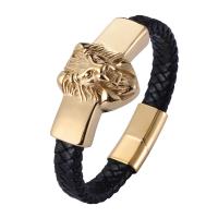 Cuir bracelet, avec acier inoxydable 316L, lion, Placage de couleur d'or, bijoux de mode & longueur différente pour le choix & pour homme, plus de couleurs à choisir, 12mm, Vendu par PC
