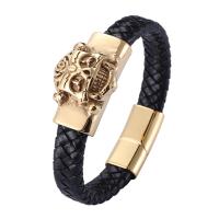 Leather Bracelet, with 316L Stainless Steel, Skull, gold color plated, fashion jewelry & different length for choice & for man, more colors for choice, 12mm, Sold By PC