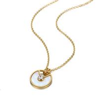 Stainless Steel Jewelry Necklace, 304 Stainless Steel, with Cubic Zirconia & White Shell, with 5cm extender chain, Round, plated, fashion jewelry & for woman, more colors for choice, 18x18mm, Length:45 cm, Sold By PC