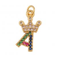Cubic Zirconia Micro Pave Brass Pendant, Letter, gold color plated, different styles for choice & micro pave cubic zirconia, multi-colored, 10x18mm, Sold By PC