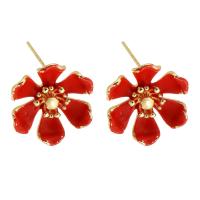 Brass Earring Drop Component, Flower, gold color plated, for woman & enamel, red, nickel, lead & cadmium free, 17x19x16mm,1mm, Sold By PC